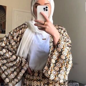 Veiled Collection Geometric Patterned Kimono and Pants Set